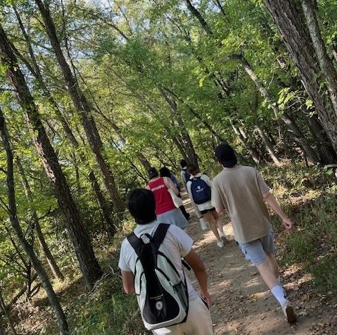 HFU students hiking in the woods